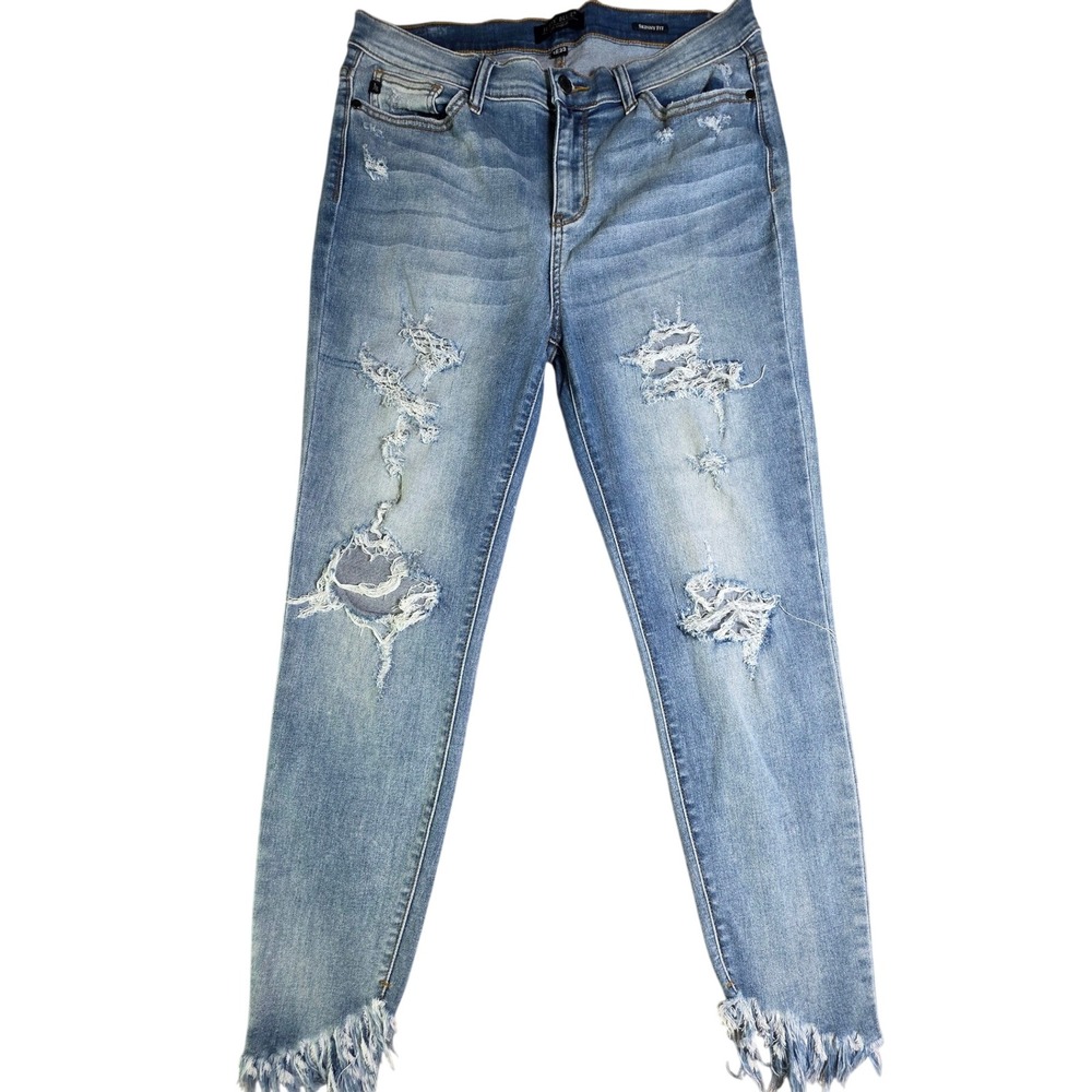 Judy Blue Skinny Fit Distress Light Wash Frayed Fringe Hem Jeans JB8291MD 15/32
